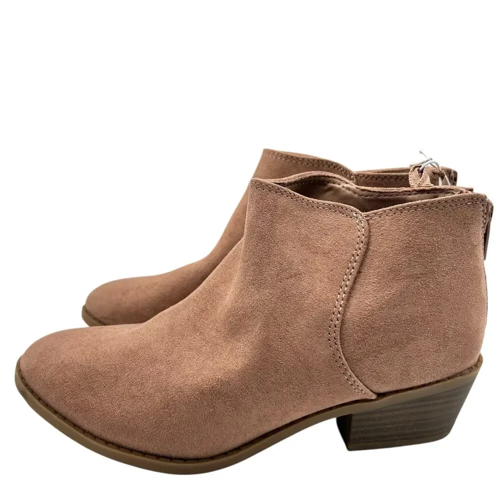Old Navy Girls Tan Suede Rear Zip Stacked Block Heel Ankle Booties‎ Size 2